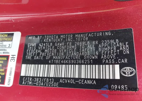 2009 Toyota Camry Le z USA, uszkodzony, nr VIN 4T1BE46K69U366251